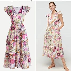 J Crew Pom Pom Midi Maxi Dress Floral Ratti Retro 4 Cap Sleeve Pockets